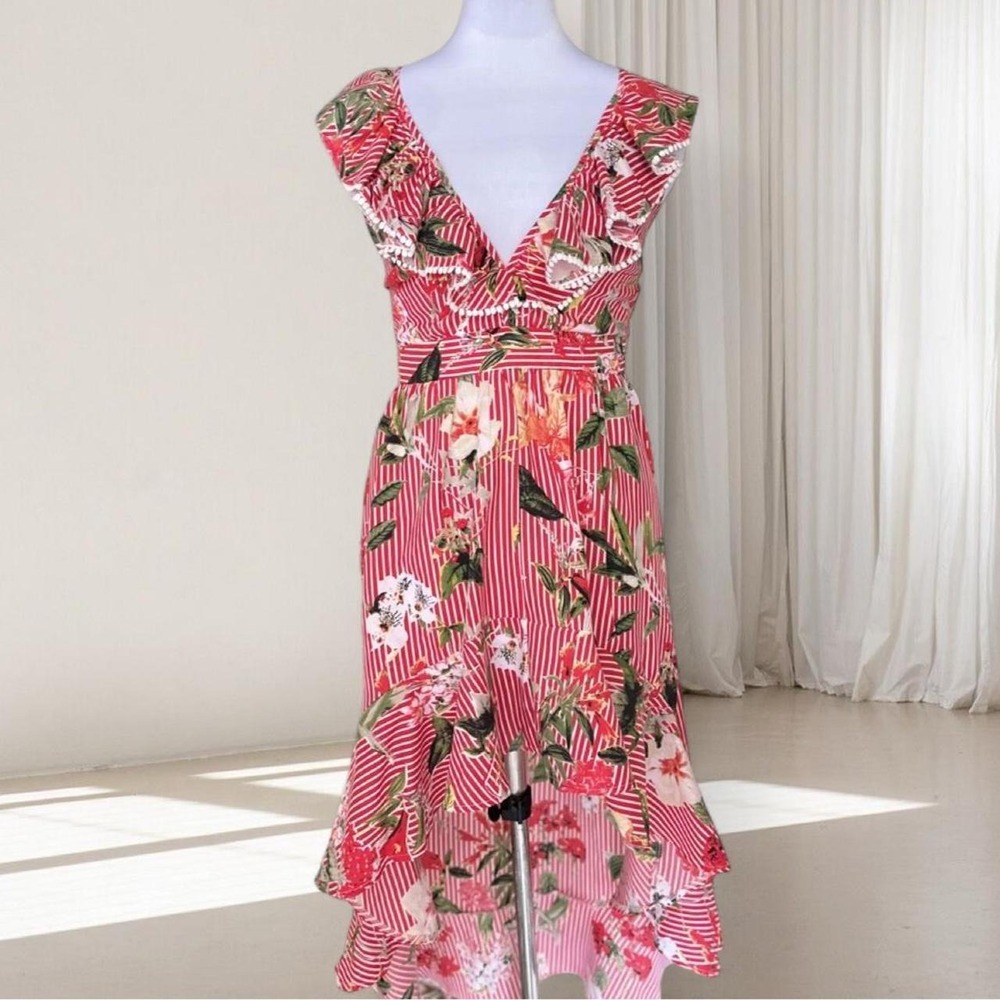 Mango Red Striped Floral High Low Midi Dress Ruffle Pom Pom V-Neck Small